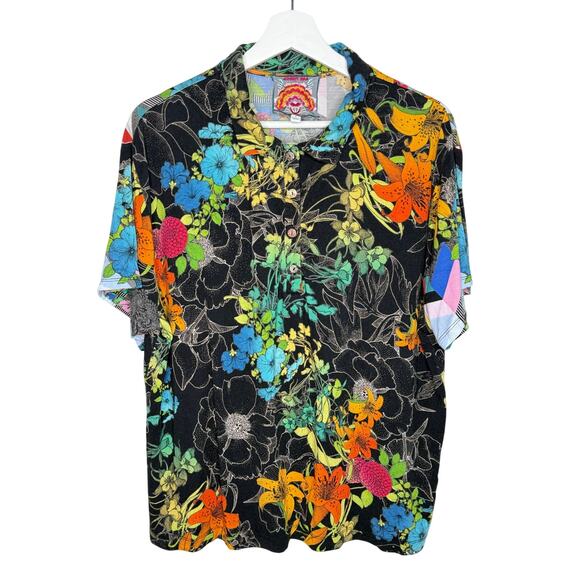 Johnny Was Nero Sequence Floral Short Sleeve Polo Shirt Black Multi Women's L - Picture 2 of 10